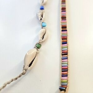 Set Of 2 Beach Hemp Twine Colorful Beaded Sea Shells Bracelets Ankle Bracelets